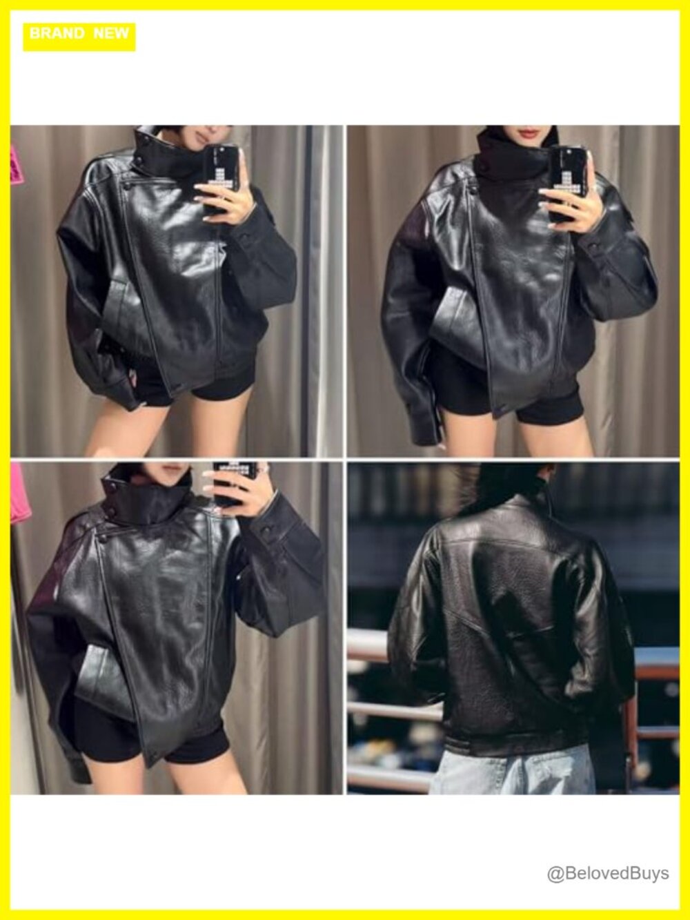 Oversized Faux Leather Motorcycle Jacket Long Sleeve Zip Up - Picture 6 of 7